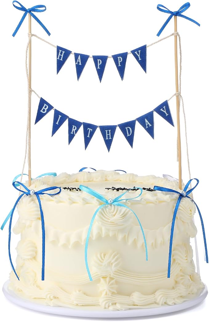 Honeydak Blue 11 Pcs Bow Ribbon Cake Topper Happy Birthday Cake Bunting Topper with Wood Pole Handmade Pennant Flags with Bows Ribbon for Birthday, Bridal Party Decoration