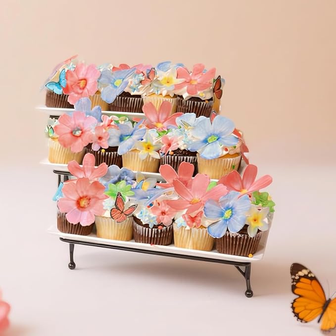 54x Wafer Edible Flowers Butterflies Cake Toppers Edible Decoration, Edible Flower Cupcake Toppers for Birthday, Wedding, Baby Shower, Spring Themed Party Baking Decorations