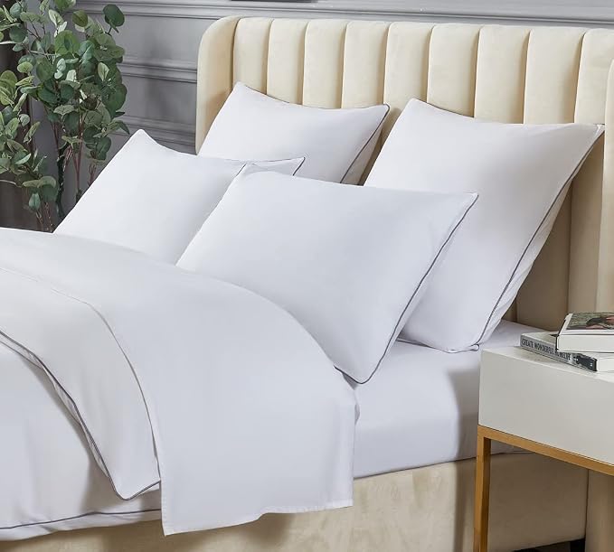 DAUAOTO King Bedding Set Microfiber - 1 Duvet Cover + 2 Pillow Shams, White with Decorative Grey Piping