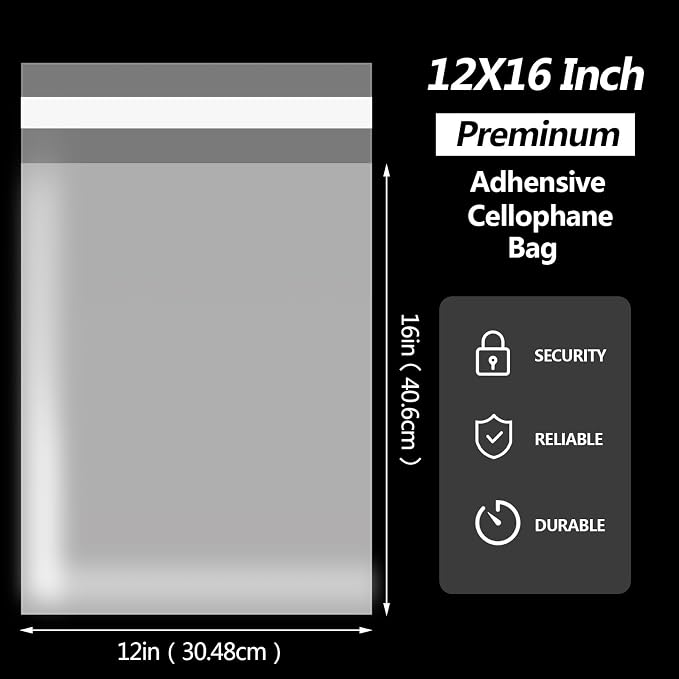 Nobranded 100 pcs Clear 12" x 16" Self Seal Cello Cellophane Bags Resealable Poly Plastic Bags 2.8 mils OPP Bag for Packaging Clothing, T Shirts, Party Decorative Gift