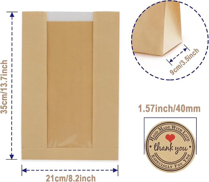 Pack of 35 Paper Bread Bags for Homemade Bread, Paper Bakery Bag for Baked Food Packaging Storage, Large Kraft Paper Bread Loaf Bag with Window Label Seal Sticker included Pack of 35,12.5x8.3x4 Inches