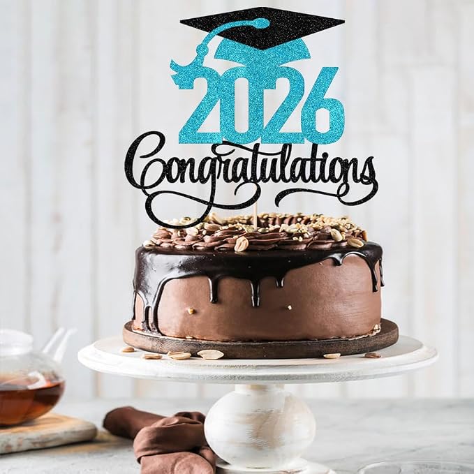 Black blue Glitter 2026 Congratulations Graduation Cake Topper,Congrats Grad Cake Decor - 2026 High School/College/Senior Graduation Party Decorations Supplies