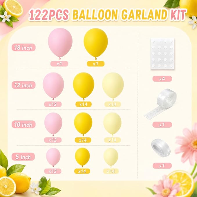 Pink and Yellow Balloon Arch Kit, 122Pcs Pastel Pink Yellow Balloons for Girls Lemon Party Decorations Summer Birthday Pool Theme Bridal Shower Baby Shower Engagement Party Decorations