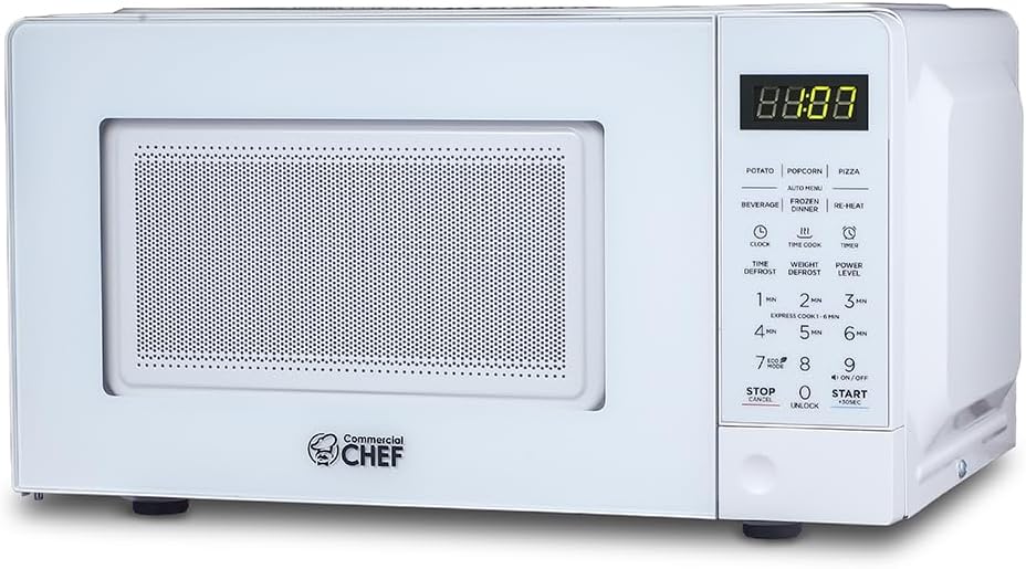 COMMERCIAL CHEF 0.7 Cubic Foot Microwave with 10 Power Levels, Small Microwave with Pull Handle, 700W Countertop up to 99 Minute Timer and Digital Display, White