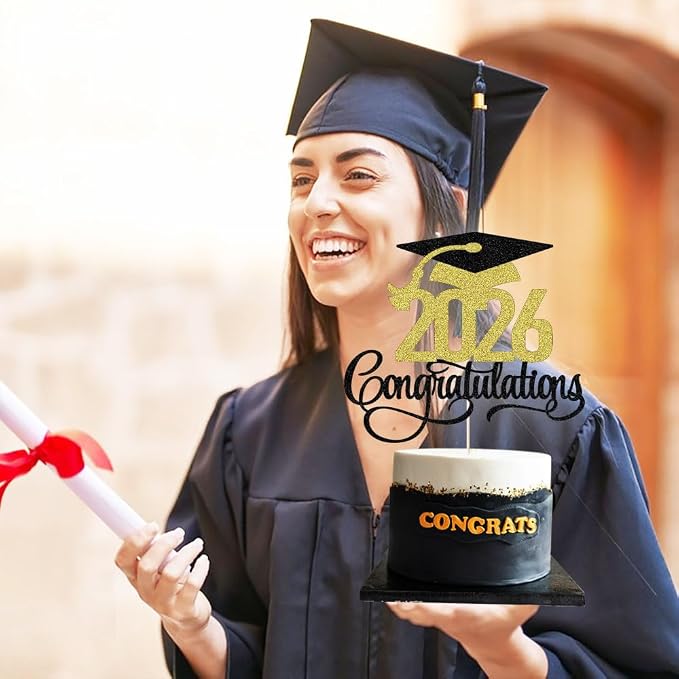 Black Gold Glitter 2026 Congratulations Graduation Cake Topper,Congrats Grad Cake Decor - 2026 High School/College/Senior Graduation Party Decorations Supplies (Black gold)