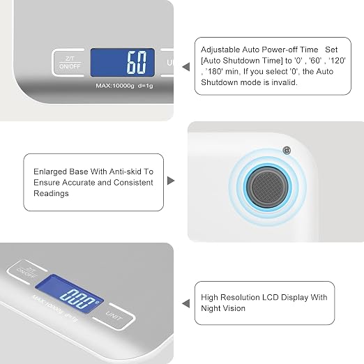 Digital Shipping Scale,Stainless Steel Panel, Accurate Portable Postal Scale for Packages, Small Business,Kitchen, Food, Handmade, Liquids, and Boutique (Silver Rechargeable(10kg/1g))