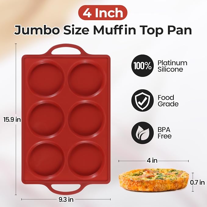 CAKETIME Jumbo Silicone Muffin Top Pan with Metal Frame, 4 Inch Non Stick Round Egg Baking Pan for Oven English Muffins, Whoopie Pies, Corn Bread, Egg Bites, Breakfast Sandwiches Tarts 2 Pack Brown