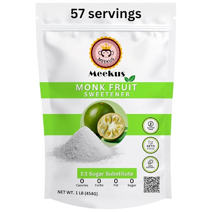 Meekus Natural Monk Fruit Sweetener w/Erythritol - Classic Monkfruit Extract Powder,Zero Calorie Sugar Substitute,Keto Diet Friendly for Baking,Coffee,Tea,Vegan Sugar Replacement,Gluten Free,White