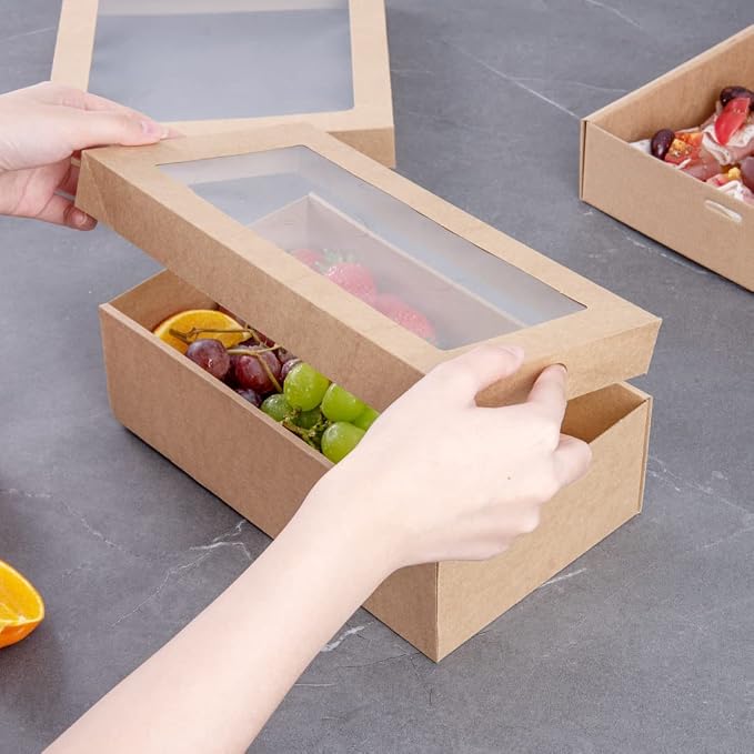 Restaurantware Cater Tek 10.2 x 6.1 x 3.2 Inch Baked Goods Boxes 100 Insert Tab Lock Window Pastry Boxes - Window Lids Easy Assembly Kraft Paper Catering Boxes For Charcuterie Or Cupcakes