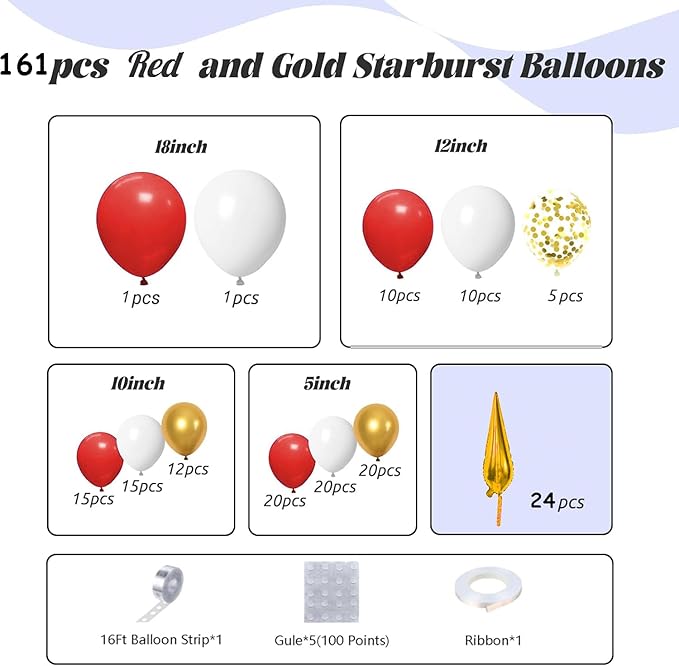 Bonropin 161pcs Red Gold and White Balloons Garland Arch Kit - 5/10/12/18in Red, Gold, White, Explosion Star Balloons for Valentine's Day Birthday Engagements Anniversary Party Decoration
