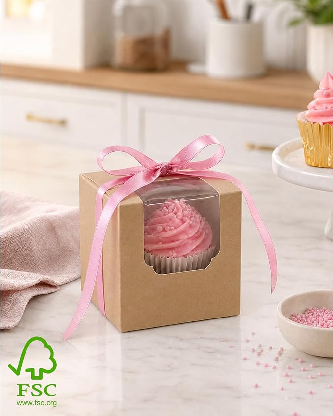 Bakepacker Auto-pop up Cupcake Boxes 200-Packs Brown 3.5" x 3.5" x 3.5", for Cake, Treat Cookie Dessert, Pastry, Birthday Party, Weddings