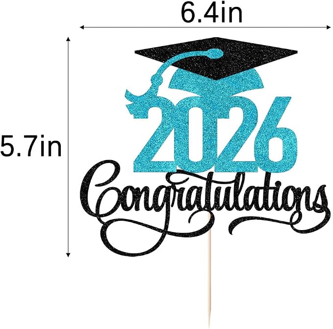 Black blue Glitter 2026 Congratulations Graduation Cake Topper,Congrats Grad Cake Decor - 2026 High School/College/Senior Graduation Party Decorations Supplies