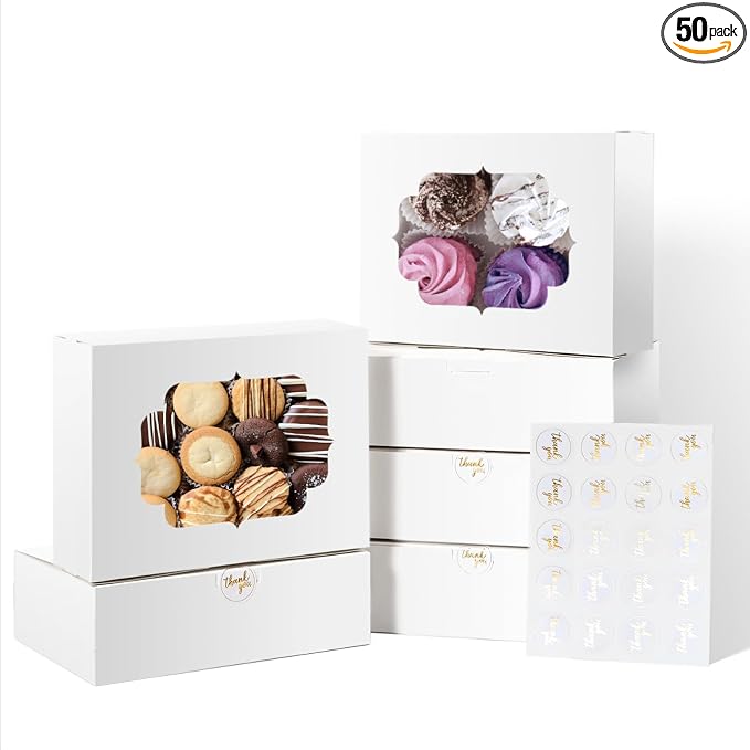 50 Pcs Bakery Boxes 8-In with Windows, Cookie Boxes White for Chocolate Covered Strawberries, Treats, Donuts, Cupcakes, and Candy Gift Giving 8x6x2.5 Inch