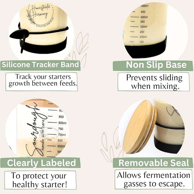 Sourdough Starter Kit - Sourdough Kit Includes Wooden Spurtle, Wide Mouth Jar w/ Bamboo Lid & More - Non-Slip Silicone Base Sourdough Bread Baking Supplies - Bread Making Kit for Beginners & Pros