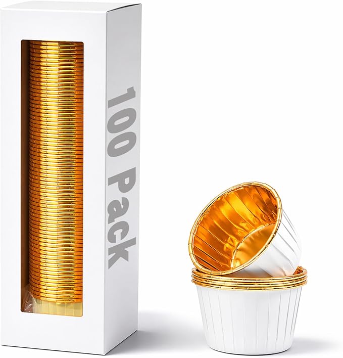 Party Hippo Cupcake Cups, 3.5 Oz 100 pcs Disposable Foil Muffin Liners, Gold Baking Cups, Ramekin Aluminum Cupcake Tip Pan Ramekin Holders, Little Baking Cups (100, White)
