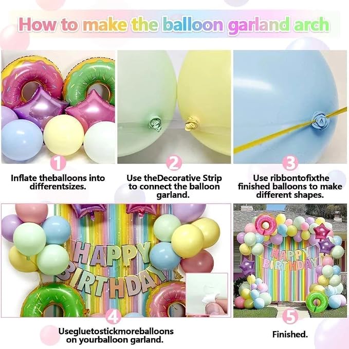 Pastel Birthday Decoration Kit Happy Birthday Banner Macaron Fringe Curtains Green Pink Candy Donut Star Foil Balloon Rainbow Colorful Double Stuffed Balloons for Girls Baby Shower Easter Party Decor