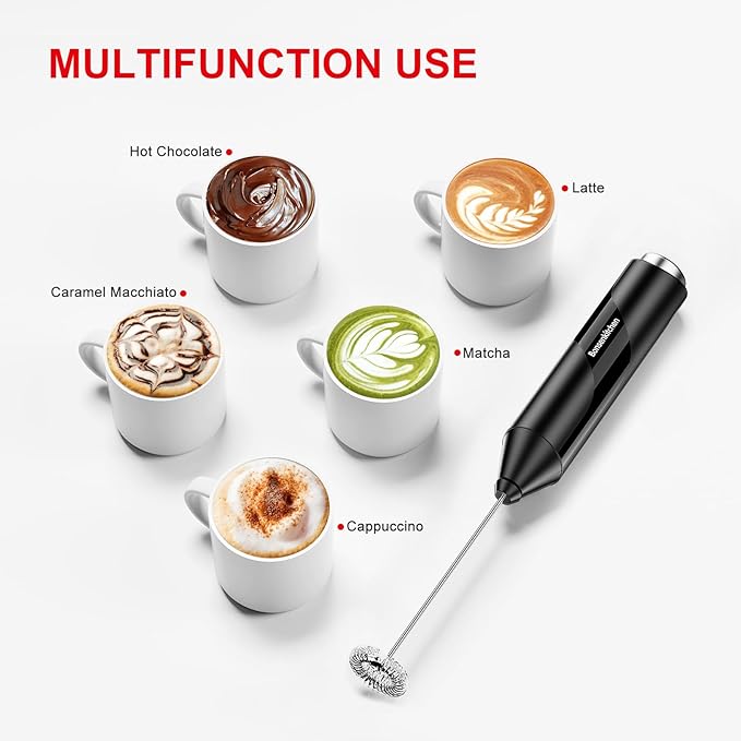 Bonsenkitchen Milk Frother Handheld, Electric Foam Maker with Stainless Steel Whisk, Hand Drink Mixer for Coffee, Lattes, Cappuccino, Matcha, Battery Operated, Stirrer Coffee Wand