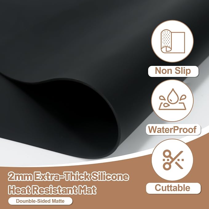 Silicone Heat Resistant Mats for Countertop, 2MM Extra Thick Mat for Kitchen Counter, Suitable for Airfryer, Microwave, Coffee Maker, Non Slip Hot Pad, Waterproof (Black, 18.9 * 14.57)