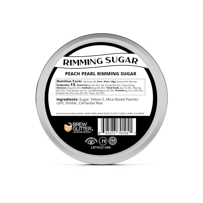 Brew Glitter - Peach Rimming Sugar (4oz, 1x Bar Tin) Cocktail Garnish for Mixed Drinks & Refreshments