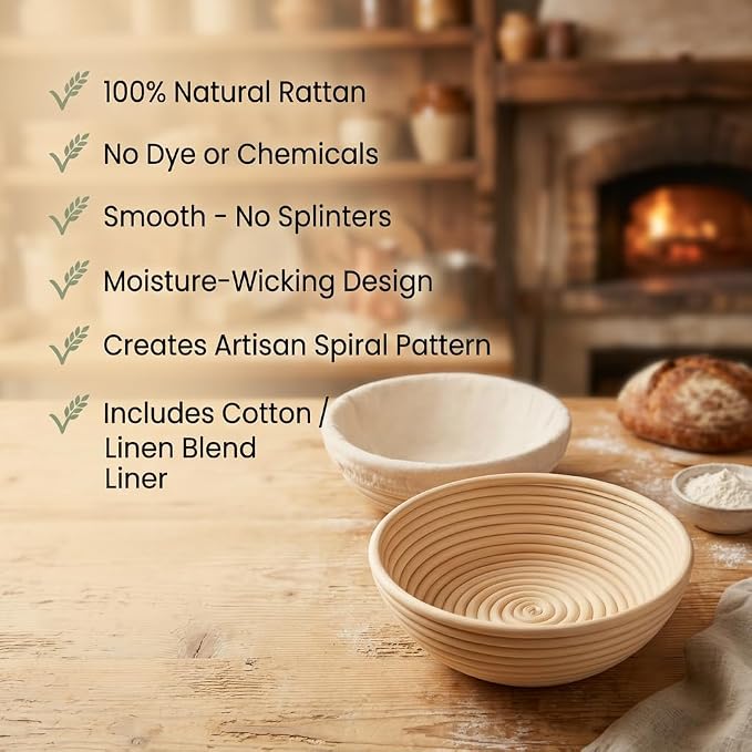 Saint Germain Bakery Premium Banneton Bread Proofing Basket Set - 2 Pack 10 Inch Round Brotform with Liners, Sourdough Bread Baking Basket