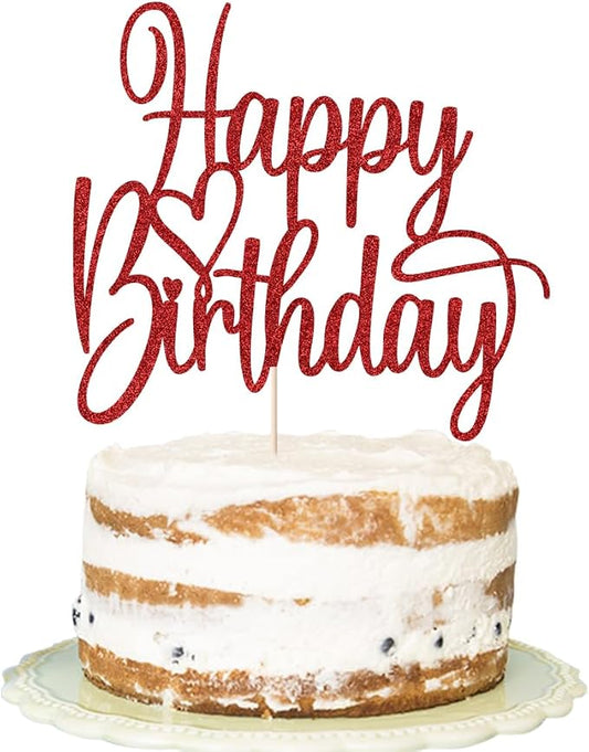 Handmade Glitter Happy Birthday Cake Topper- Fabulous Cake Decoration，Anniversary/Birthday Party Decoration Supplies (red)