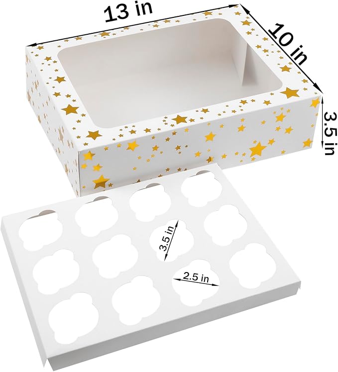 15 Packs Christmas Cupcake Boxes 12 Count, 13x10x3.5 Inch Gold Star Cupcake Containers with Clear Window, Auto-Pop Up Cupcake Carrier with Inserts for Cup Cake, Cupcake Holder for Cookies and Pastry