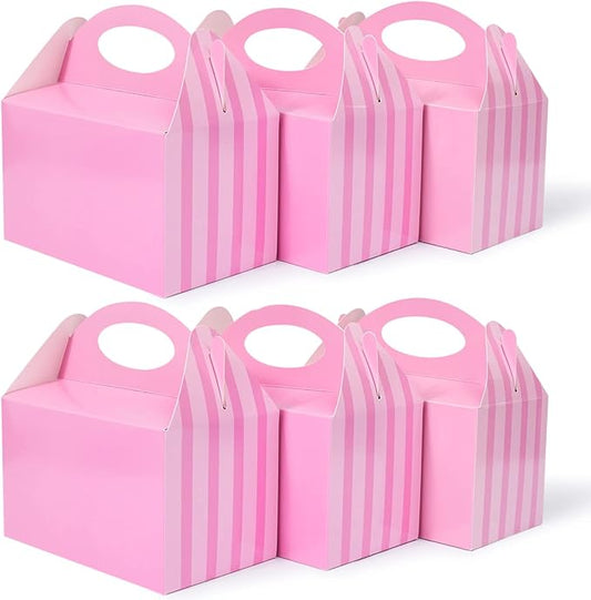 P6PK12 Happyhiram Party Favor Boxes Pink Striped 12 Pcs for Girls, Treat Boxes with Handles 6" Gable Boxes Candy Boxes Party Favor Paper Gift Boxes for Kids Birthday Candy Baby Shower Bridal Shower