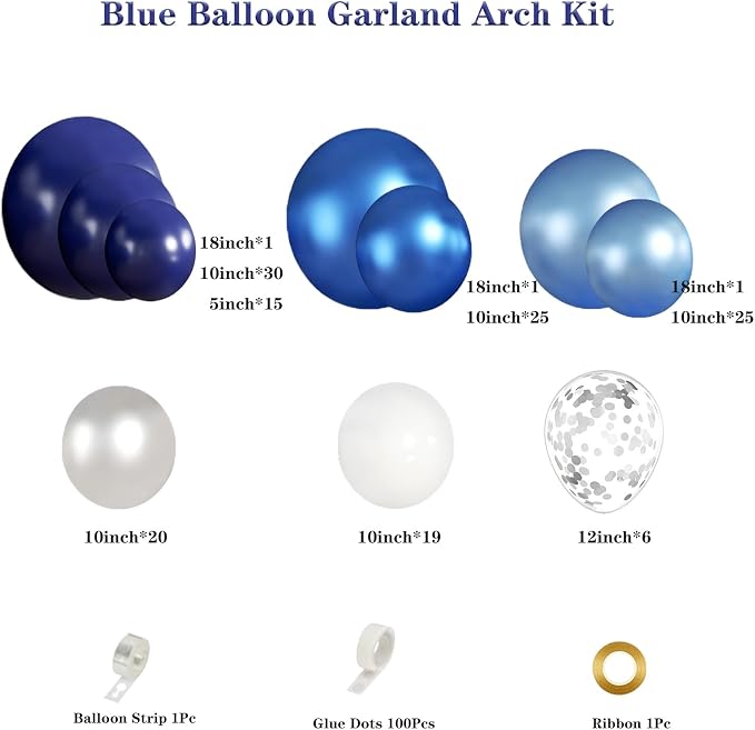 Blue White Silver Balloon Garland Arch Kit, 143 Pieces Navy Light Metallic Blue Silver White Confetti Balloons for Birthday Party Wedding Bridal Shower Graduation Decorations