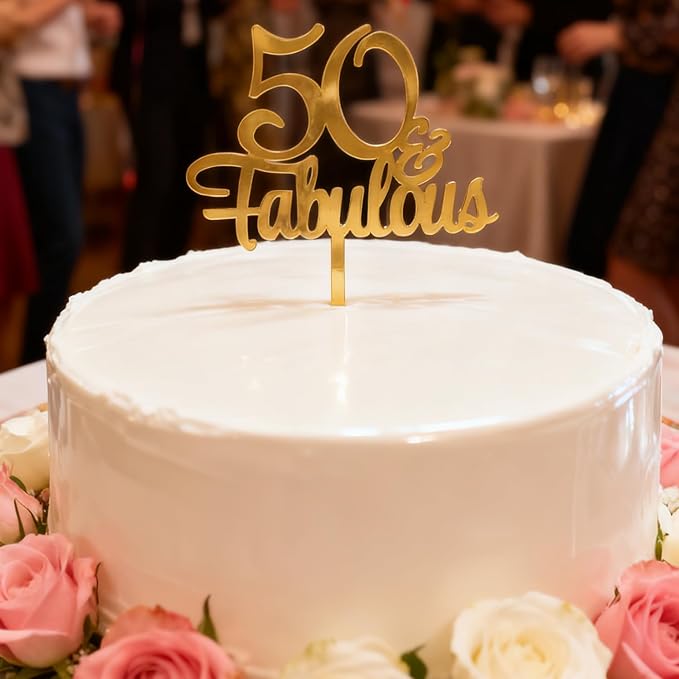 1PCS 50 Fabulous Cake Topper, Gold Acrylic Fifty Birthday Cake Decoration Cake Pick for 50th Anniversary Party Decoration Supplies (50)