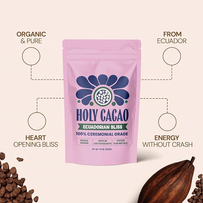 Holy Cacao Ecuadorian Bliss Organic Ceremonial Grade Cacao Powder – 100% Pure Single Origin Heirloom Ecuadorian Cacao, Antioxidant Rich Superfood Drink Mix, Vegan, Gluten Free, Non GMO, Unsweetened Cocoa Powder, 10 oz