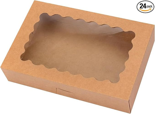 Moretoes 24pcs Bakery Boxes with Window, 12x8x2.5 Inches Auto-Popup Cookie Boxes for Muffins and Pastries (Brown)