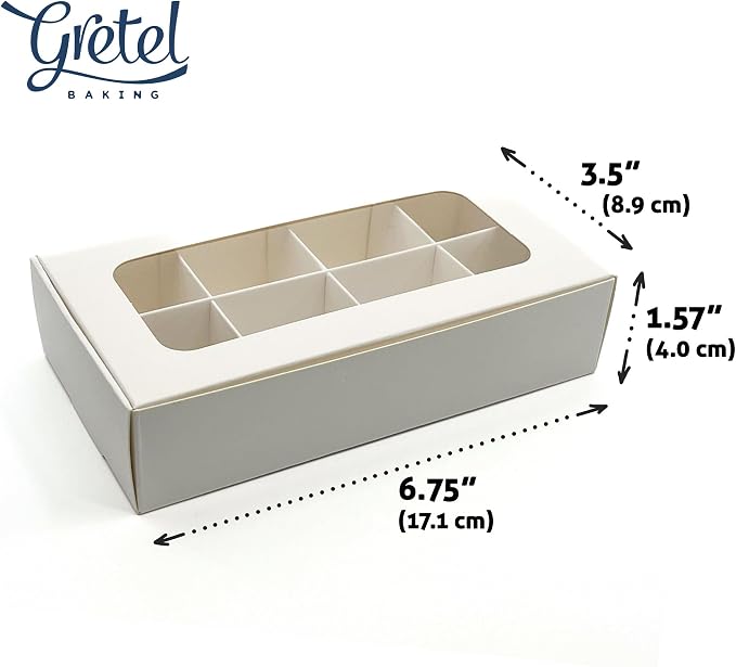 20pcs White Treat Boxes with Window and Dividers | 8 X-SMALL compartments | 6.75 x 3.5 x 1.57 in | Empty candy boxes for gift giving, truffle box - perfect for Valentine's Day