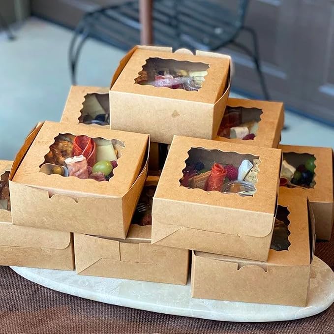 JIYIXhylera 48pcs 6x6x3 Inches Small Bakery Boxes with Window, Small Cake Boxes, Treat Boxes, Pastry Boxes, Dessert Boxes, Cookie Boxes, Mini Pie Boxes for Pastries, Pie, Chocolates, Cupcakes (Brown)