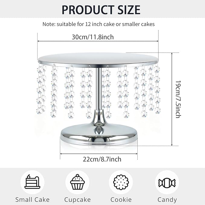 2 Pcs Silver Metal Mirror Cake Stand Set with Crystal Pendants - 11.8"W Elegant Dessert Table Display for Weddings, Birthday Parties, Baby Showers, Events - Sturdy Crystal Bling Cupcake Stands for Pastries, Sweets, Decorations