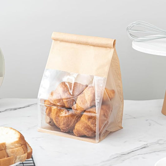 100 Pcs Bread Bags for Homemade Breads with Window, 6.3 x 5.1 x 10.3 Inch Tin Tie Tab Lock Resealable Bakery Loaf Bags for Packaging Sourdough Bread, Cookies, Bagels, Pastry
