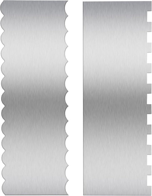 Stainless Steel Cake Scrapers, 2 Pcs Dual-Edged Icing Smoother and Striper Tool with 4 Style Patterned Comb, Professional Cake Decorating Tools for Buttercream, Fondant, Dough, Baking Supplies