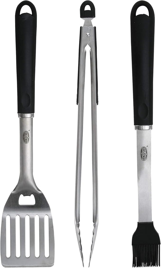 Kingsford 3-Piece Stainless Steel BBQ Tool Set with Spatula, Tongs with Rubber Grip, and Silicone Basting Brush, Rust-Resistant Grilling Tools for Outdoor Cooking, 3 Count