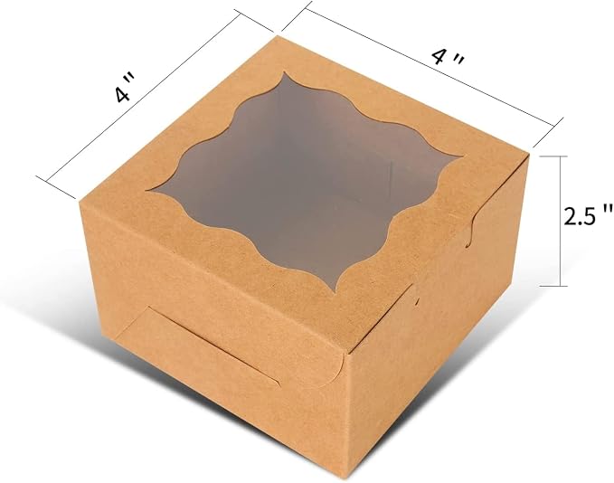 KPOSIYA 120 Pcs Brown Bakery Boxes with Window Individual Cupcake Boxes 4x4x2.5 Inches Cookie Boxes Kraft Paper Brown Gift Box for Pastries, Cookies, Pie, Donuts, Macaroon