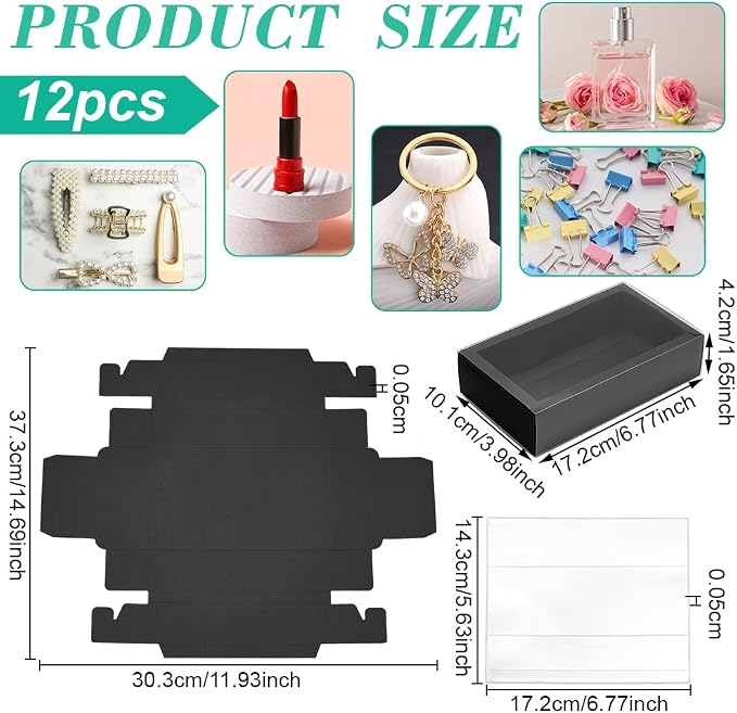 PH PandaHall Drawer Kraft Boxes 6.7x3.9x1.6 Inch Black Gift Boxes with Clear PVC Windows Rectangle Paper Box Party Favor Box for Candy Cookies Bakery Jewelry Crafts Gifts Wrapping, 12pcs