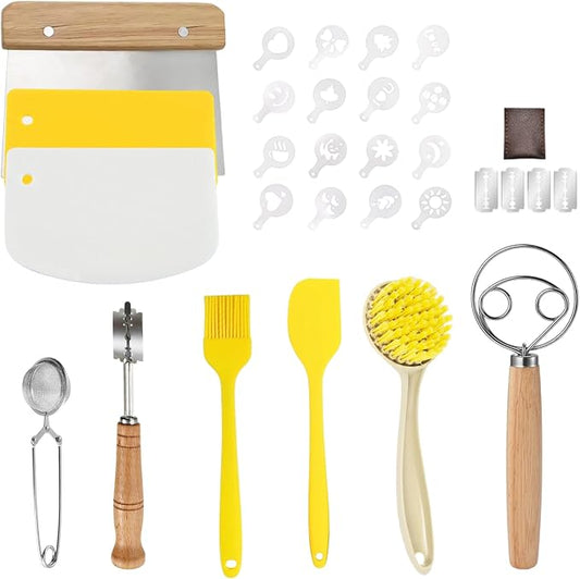 Sourdough Bread Baking Tool Set with Bread Lame & Blades Danish Dough Whisk Bowl Scraper Dough Scraper, Cleaning Brushand Silicone Brush Filter Tennis Ball,Spraying template, Sourdough Starter Kit
