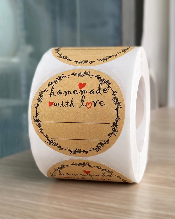 2" Homemade With Love Stickers, Kraft Jam and Jelly Jar Canning Labels With 2 Lines for Writing, Mason Jar Labels for Bottles, 500 per Roll
