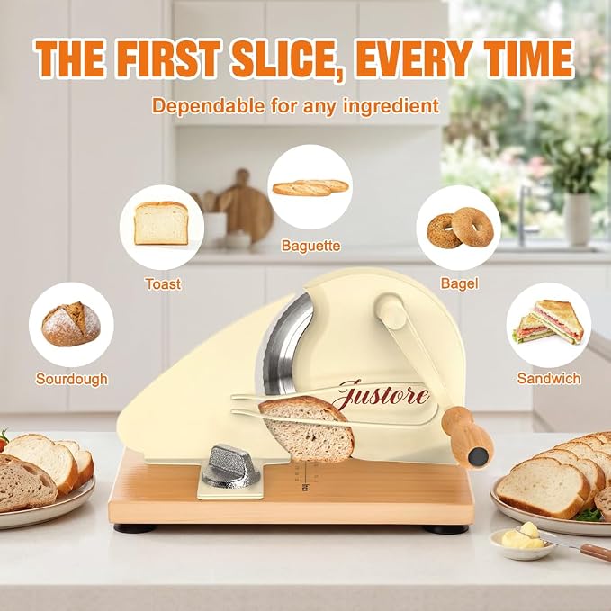 Upgrade Manual Bread Slicer for Homemade Bread, Sourdough Slicer with Hand Crank, Metal Guide Rail, Non-Slip Suction Base & Sharp Blade for Consistent Even Slices