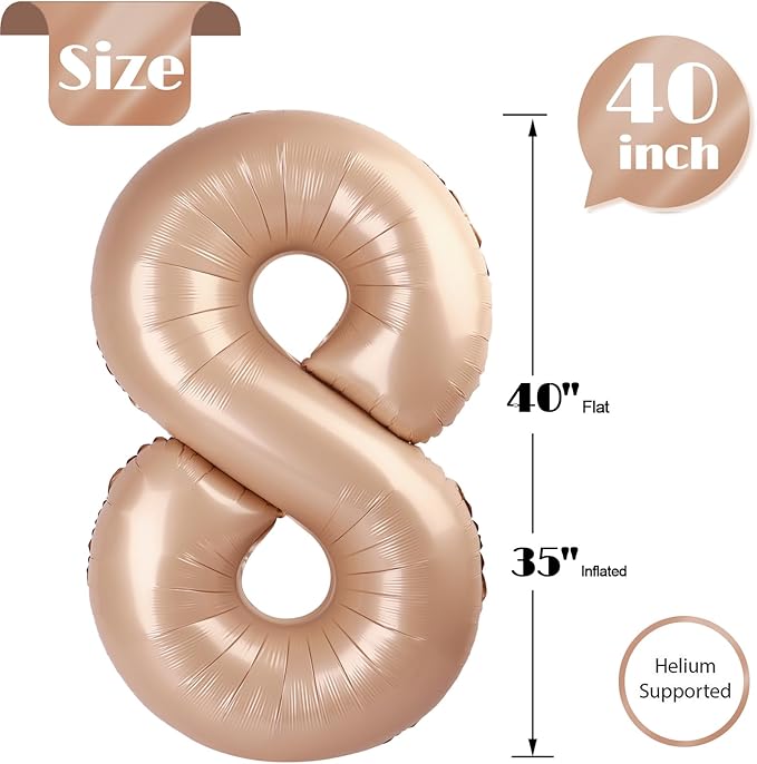 Light Brown 8 Balloon, Tan Number Balloons 40 Inch, 8th Beige Birthday Decorations for Boys Girls, Sandy Brown Birthday Balloons, Khaki Party Supplies, Number 8 Balloon