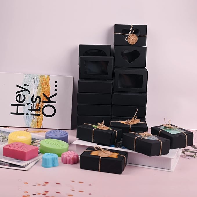 32 PCS Black Soap Boxes for Homemade Soap, 3.54 X 2.36 X 1.18 Inch Soap Packaging Gift boxes with Window, Small Rectangular Soap Wrapping Boxes (Black)