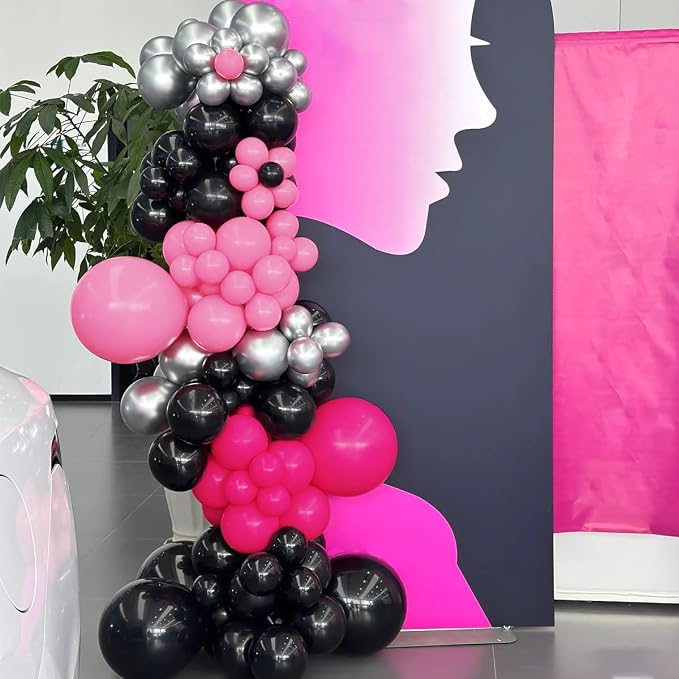 Black Red Pink Silver Balloon Garland Arch Kit, 160Pcs Hot Pink Matte Black Blush Pink Metallic Silver Balloons for Birthday Baby Shower Wedding Bridal Shower Party Decorations