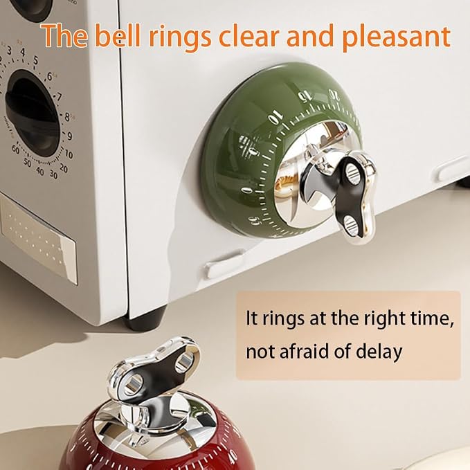 Retro Mechanical Kitchen Timer, Red, 60-Minute Countdown with Magnetic Back, Wind-Up Design, Loud Alarm for Cooking, Home Use (Green and Plastic Material)