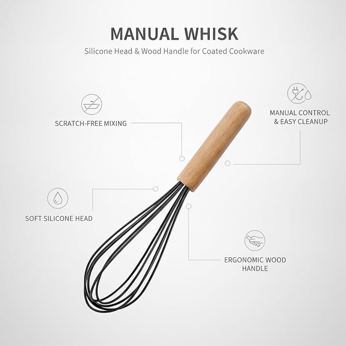 Manual Whisk with Silicone Head and Wood Handle for Coated Cookware (1 PC)