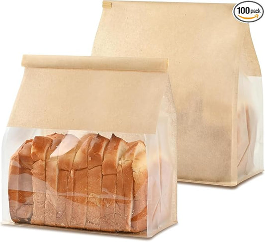 Ohuimrt Paper Bread Bags for Homemade Breads, 100 PCS, 11" x 8.7" x 4.3" | Tin Tie Tab Lock, Window, Kraft Bakery Bag, For Sourdough Bread Baked Food