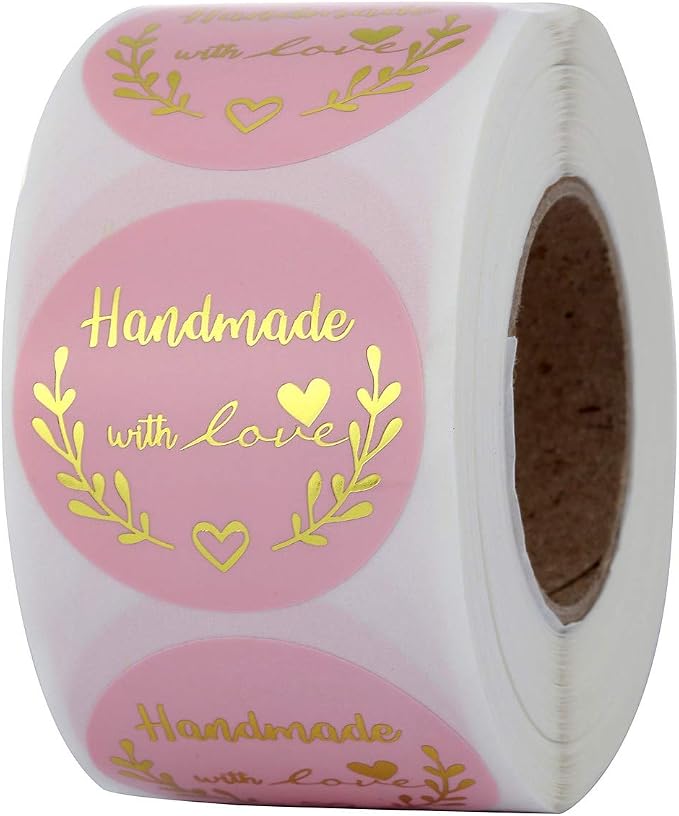Yoption 1.5 Inch Round Handmade with Love Stickers Pink for Packaging, Cookie Bags, Small Shop Local Handmade, 500 Labels per Roll