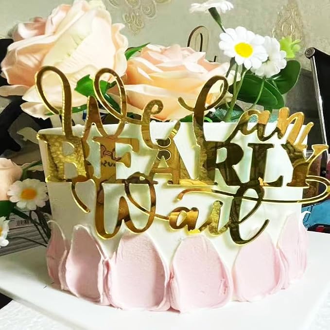 "We Can Bearly Wait" Baby Shower Cake Topper, Gold Acrylic Bear Theme Party Cake Topper, Welcome Baby,Pregnancy Announcement,Baby to Be for Baby Shower Party Supplies,Gender Reveal Photo Props